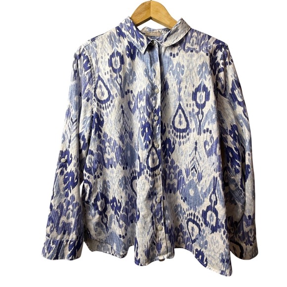 Chico's Womens No Iron Linen Ikat Print Button Down Shirt Blue White Size 3XL - Picture 2 of 14